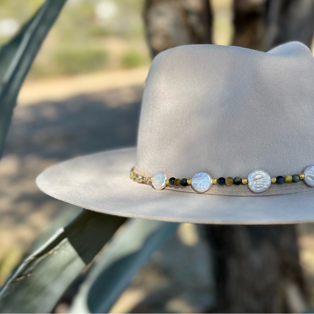 Freshwater Pearl and Tigers Eye Hat Band - Picture 3 of 10